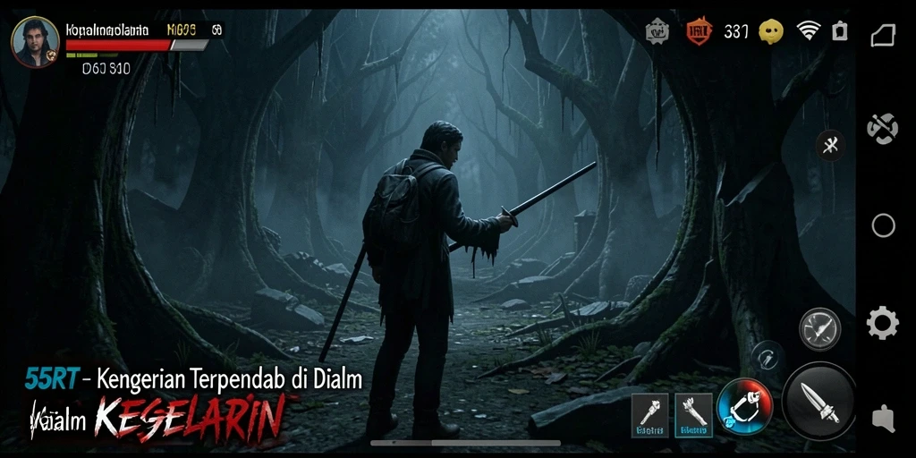 Tampilan gameplay menakutkan dalam kegelapan penuh ancaman.
