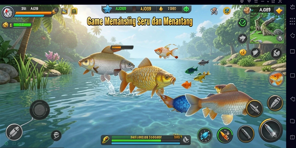 Screenshot gameplay AJO89 menampilkan momen seru saat memancing.