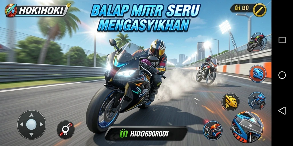 Tampilan gameplay HOKIHOKI yang mendebarkan dalam balapan motor.