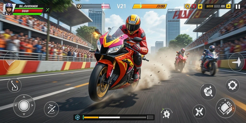 Gameplay V21 yang mendebarkan dengan balapan motor yang cepat.